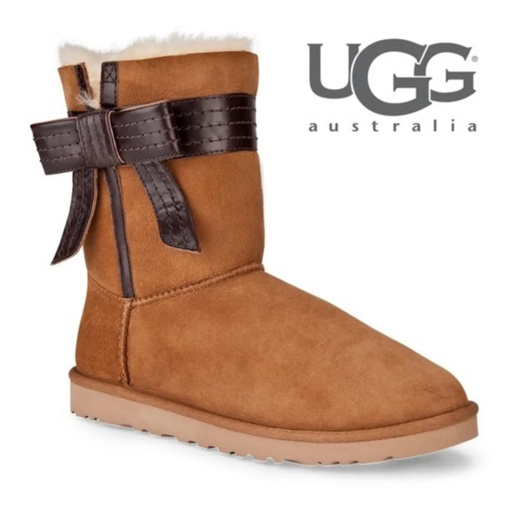 EUC UGG Josette Leather Bow Ankle Sheepskin Suede Boots Booties - Picture 1 of 15